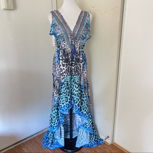 True Colours La Moda Blue Cat Hi Low Frill Maxi Cover Up Dress - Picture 11 of 11